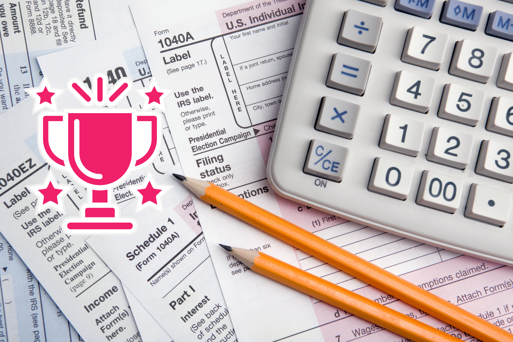 Documentos fiscales junto a una calculadora, con un gráfico ascendente que termina en un trofeo dorado, simbolizando el récord de recaudación alcanzado por el SAT en 2025.
