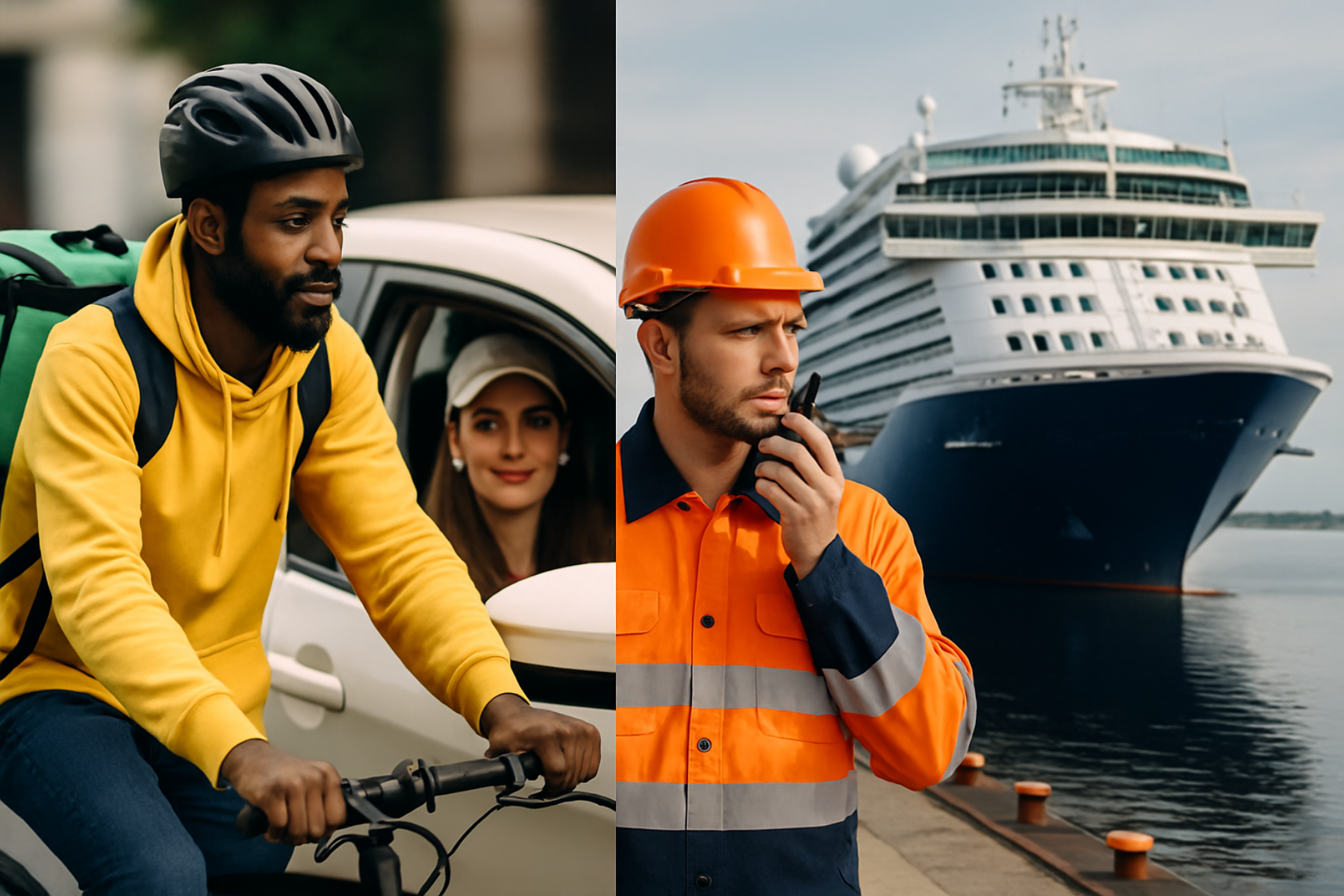 Trabajador de plataforma digital en bicicleta y operario portuario frente a un crucero, representando los sectores afectados por la nueva resolución fiscal del SAT 2025.