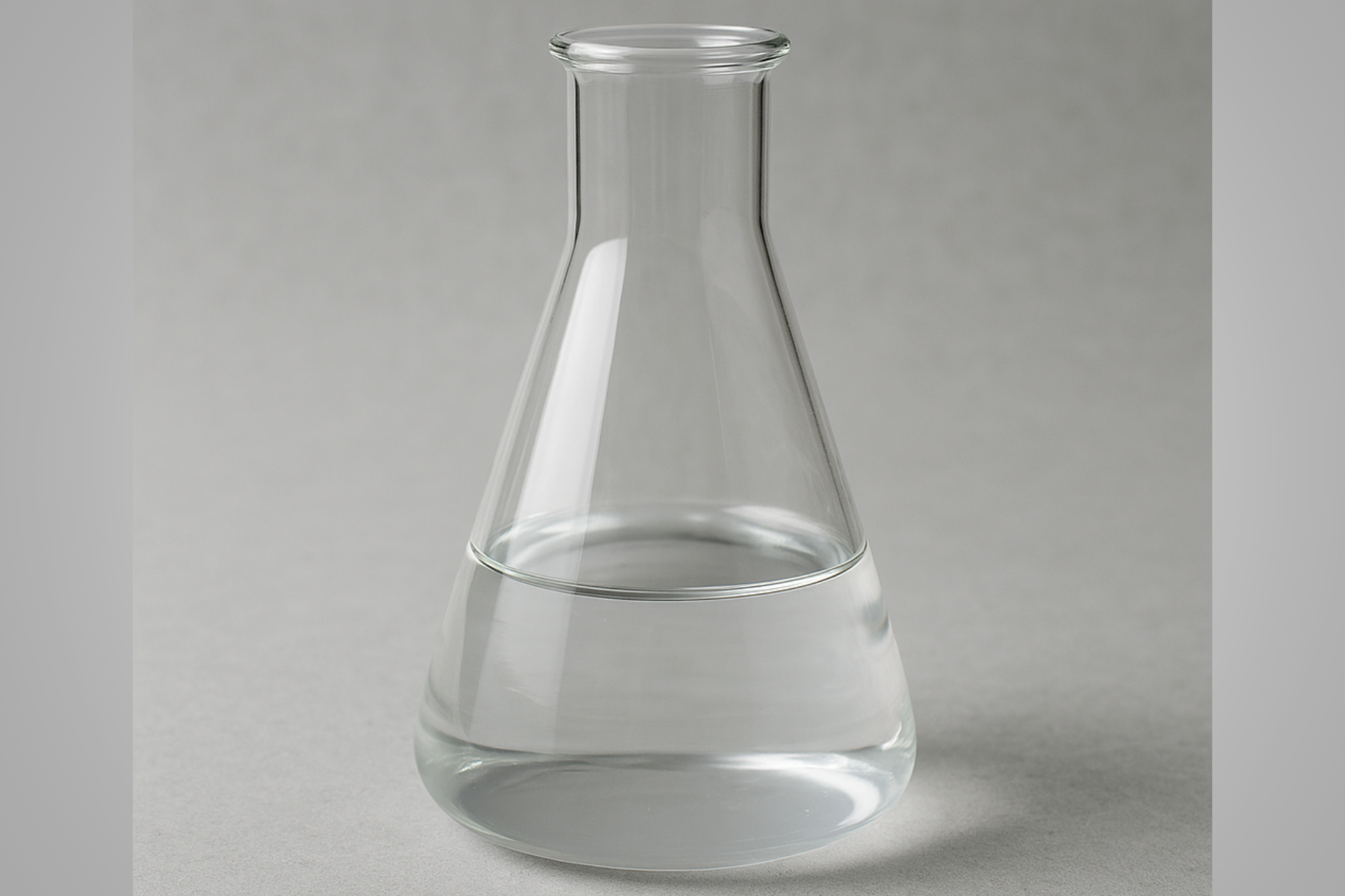 Frasco de laboratorio con solución transparente de sosa cáustica líquida sobre fondo neutro