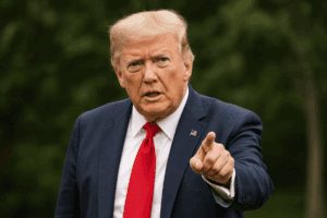 Donald Trump, con expresión seria y señalando con el dedo, en un entorno al aire libre