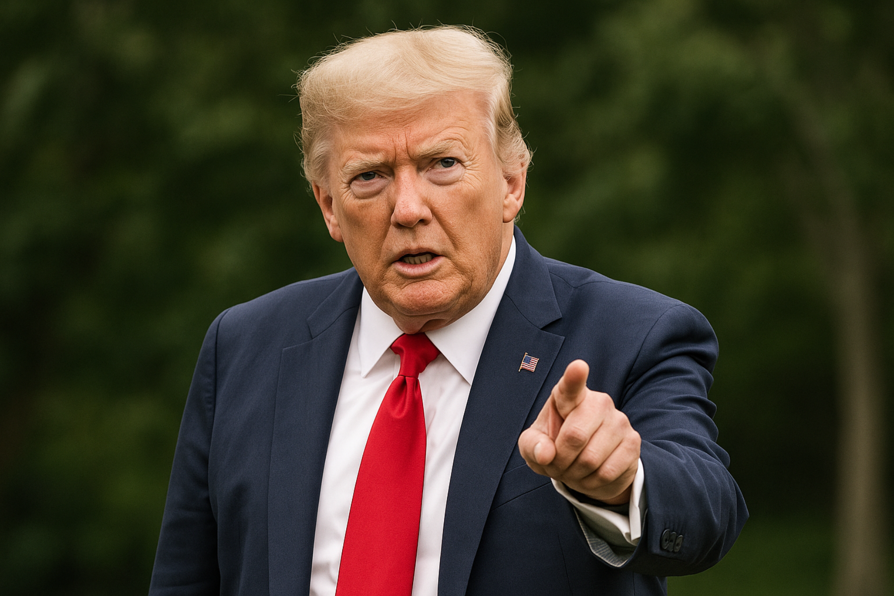 Donald Trump, con expresión seria y señalando con el dedo, en un entorno al aire libre