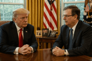 Donald Trump y Marcelo Ebrard conversan en la Oficina Oval, sentados frente a frente en un escritorio de madera, con la bandera estadounidense y cortinas doradas de fondo. Ambos lucen serios y visten trajes oscuros.