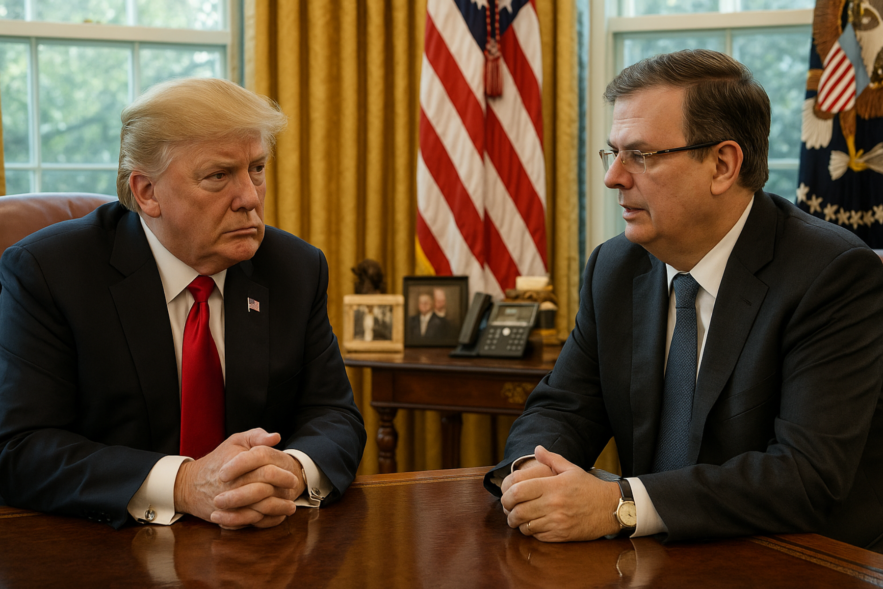 Donald Trump y Marcelo Ebrard conversan en la Oficina Oval, sentados frente a frente en un escritorio de madera, con la bandera estadounidense y cortinas doradas de fondo. Ambos lucen serios y visten trajes oscuros.
