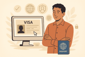 Joven consultando su visa electrónica en una computadora, rodeado de íconos de seguridad, biometría y pasaporte mexicano, simbolizando el proceso digital de solicitud de visa en México.