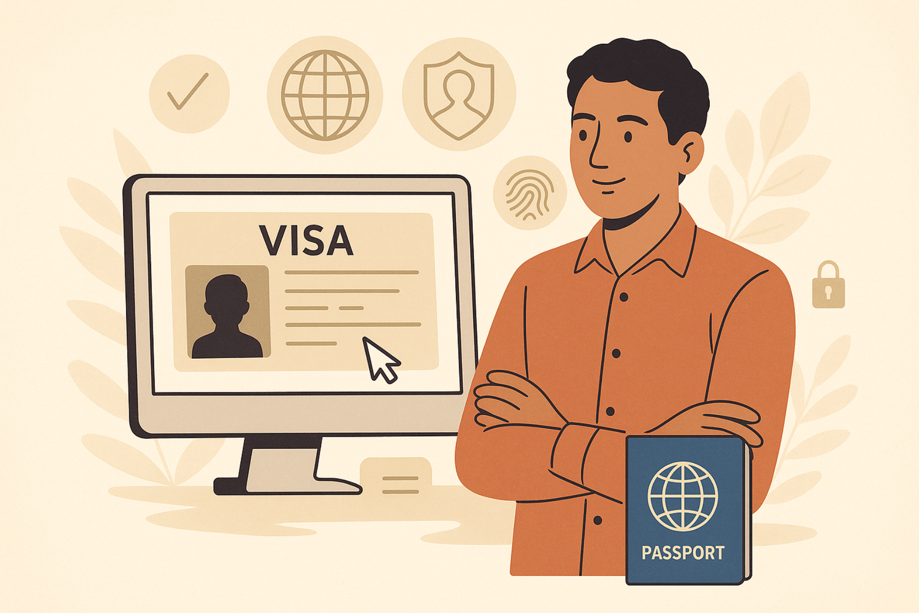 Joven consultando su visa electrónica en una computadora, rodeado de íconos de seguridad, biometría y pasaporte mexicano, simbolizando el proceso digital de solicitud de visa en México.